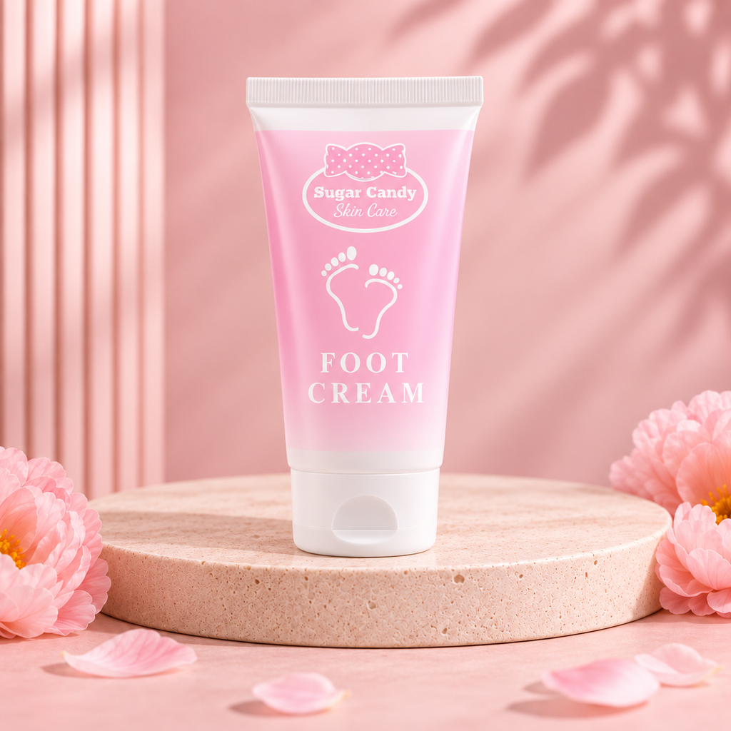 Sugar Candy foot cream tube included in the five-piece skin care set, on a Titiana pink studio background.