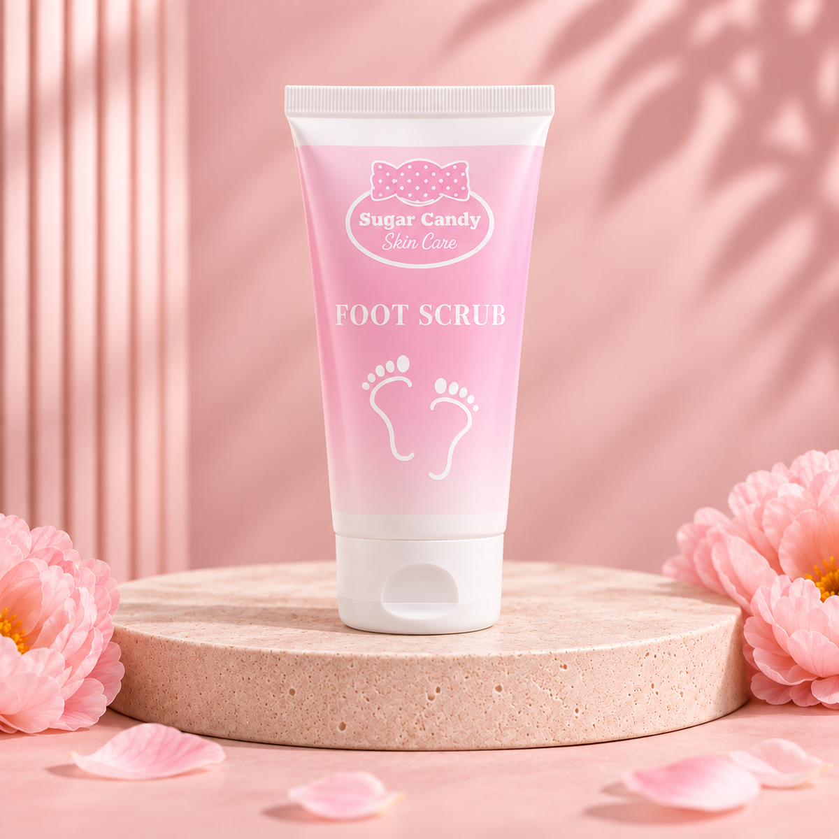 Sugar Candy foot scrub tube included in the five-piece skin care set, on a Titiana pink studio background.
