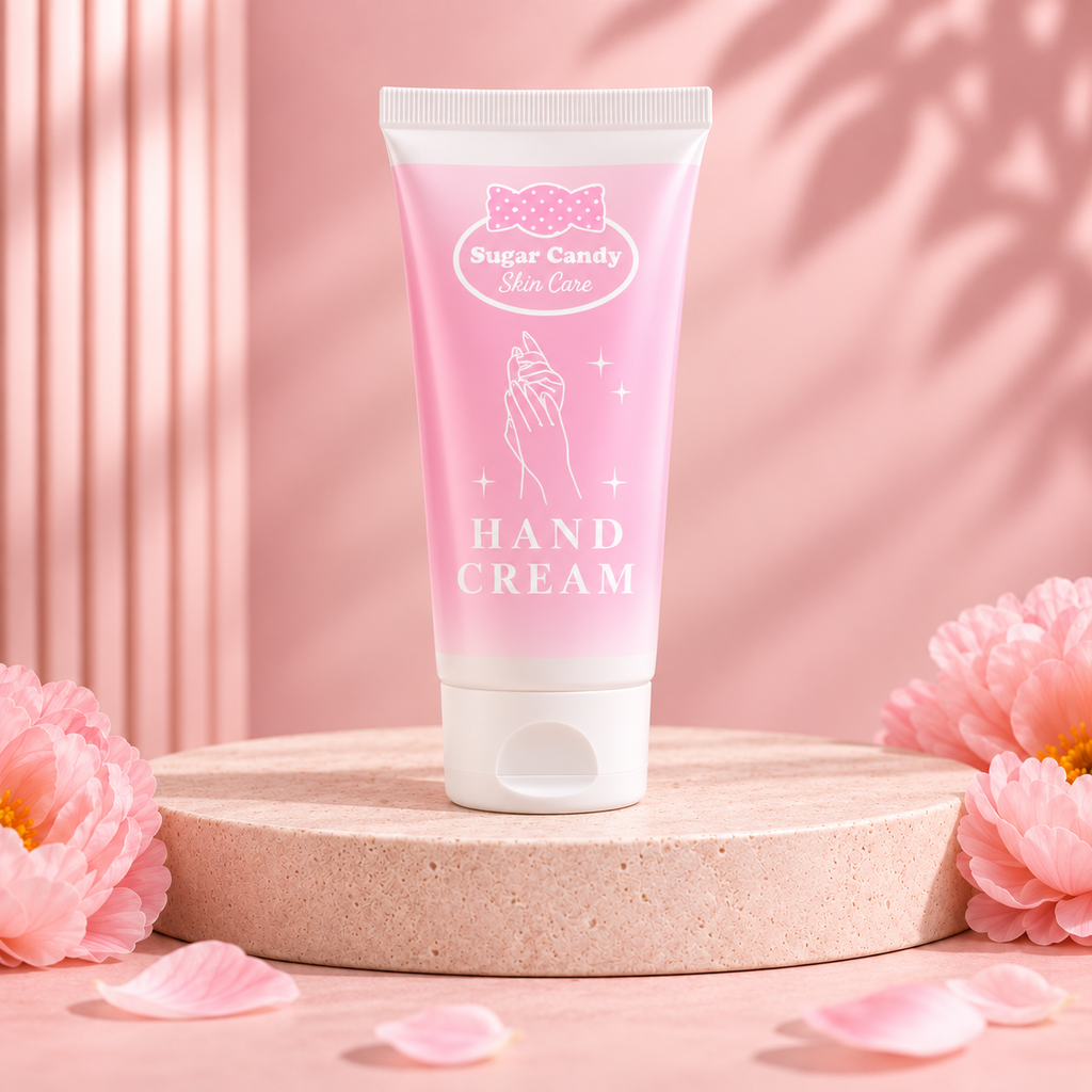 Sugar Candy hand cream tube included in the five-piece skin care set, on a Titiana pink studio background.