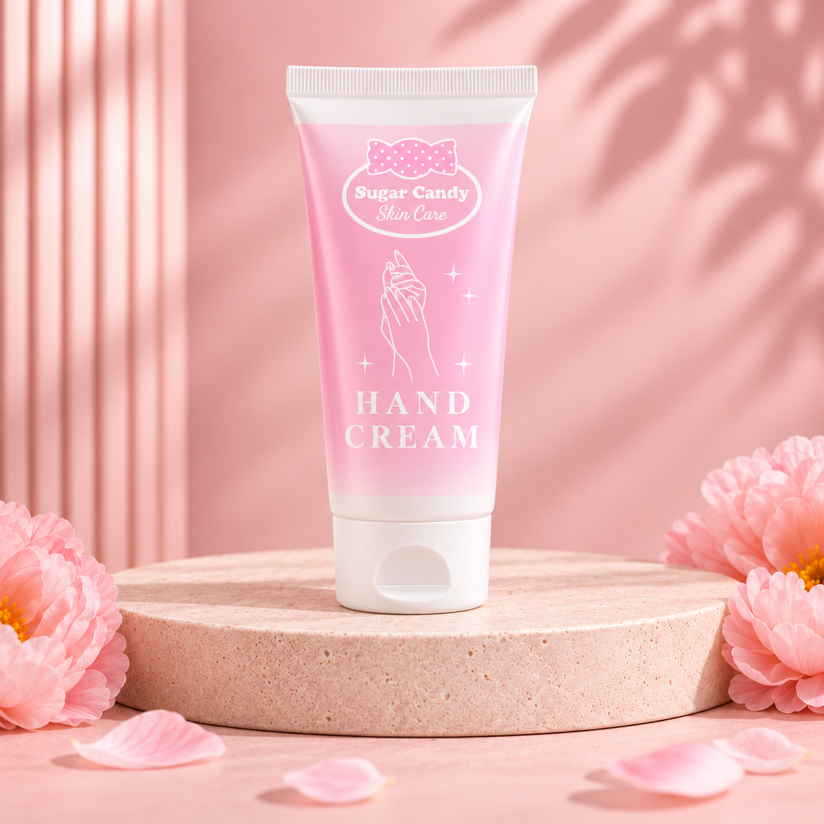 Sugar Candy hand cream tube included in the five-piece skin care set, on a Titiana pink studio background.