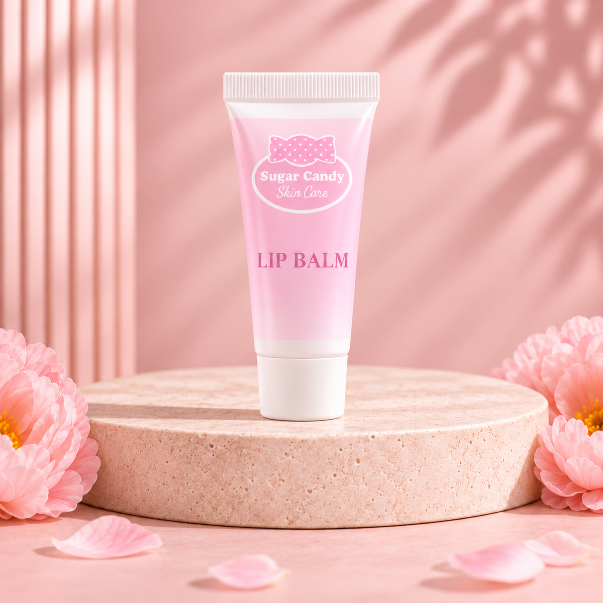 Sugar Candy lip balm tube included in the five-piece skin care set, on a Titiana pink studio background.