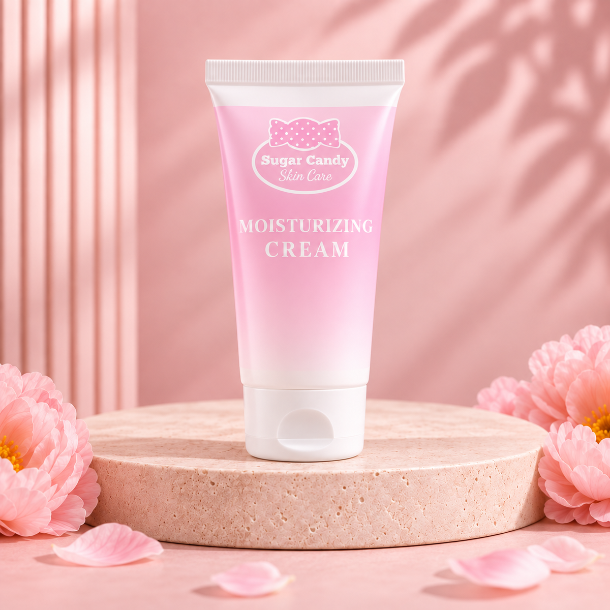 Sugar Candy moisturising cream tube from the five-piece skin care set, on a Titiana pink studio background.