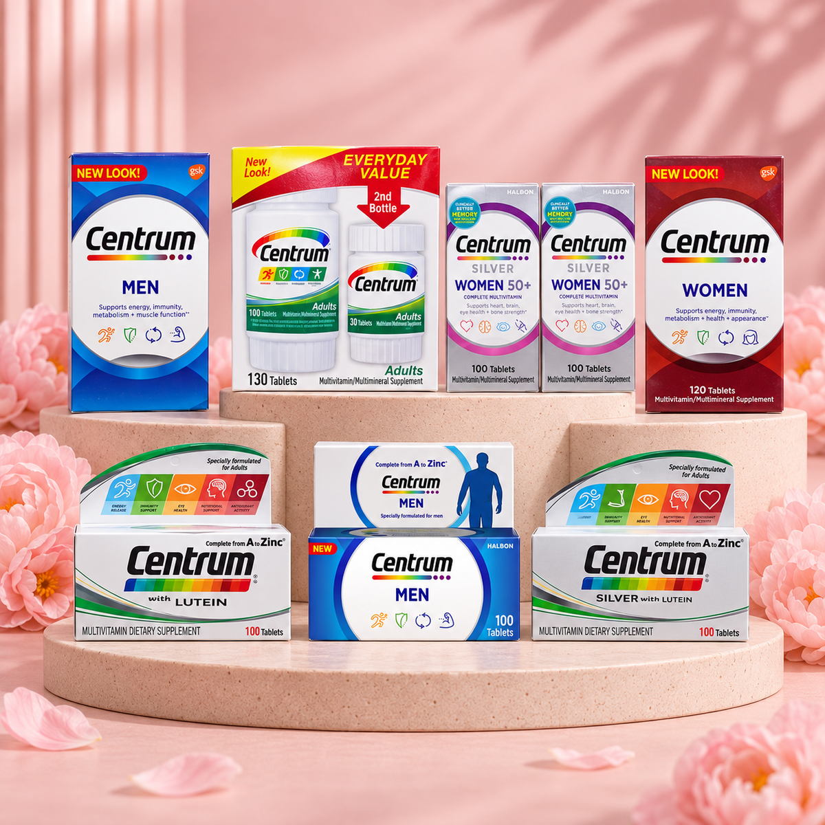 Centrum range overview — one selected pack per purchase