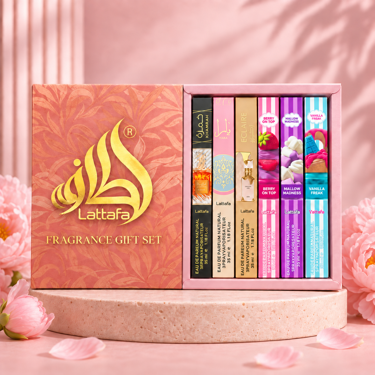 Lattafa six-piece perfume set: Khamrah, Yara, Eclaire, Berry on Top, Mallow Madness and Vanilla Freak, 35 ml each