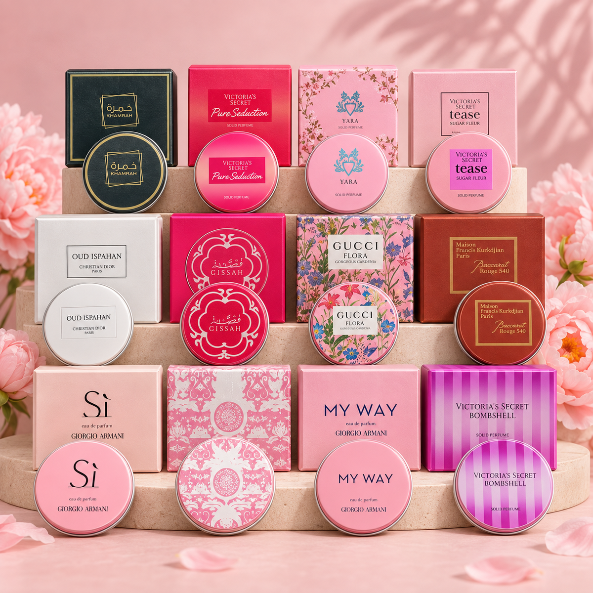 Solid perfume range overview — one selected scent per purchase